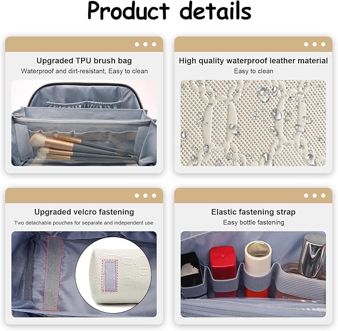 BOYATU Travel Makeup Bag for Women: Cosmetic Organizer Bag with Compartments - Leather Make up Bags Set of 3 (White)