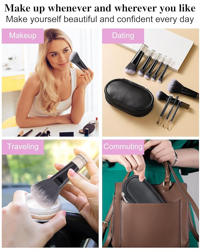 Mini Travel Makeup Brushes Portable Set, 14 Pieces, Full Complete Function Cosmetic Kit with Brush Pouch, On the Go Short Makeup Brush Small Travel Essentials for Women, Girls (Black)