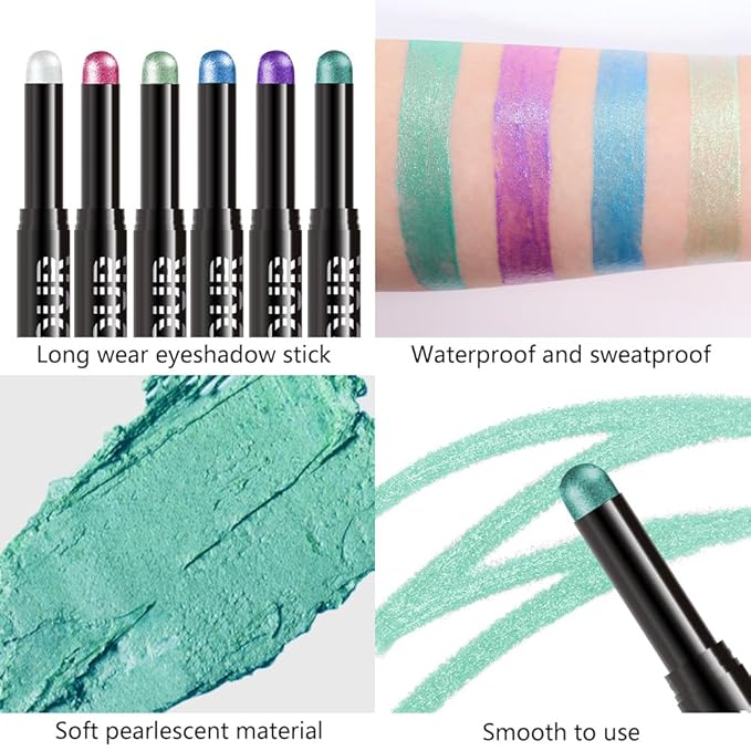6Pcs Cream Eye Shadow Sticks Makeup for Women, Transparent Pink Hot Pink Yellow Green Dazzling Blue Purple Cyan Green Shimmer Matte Eye Shadow Brightener Stick for Eyes, Waterproof Eyeshadow Pencil 04