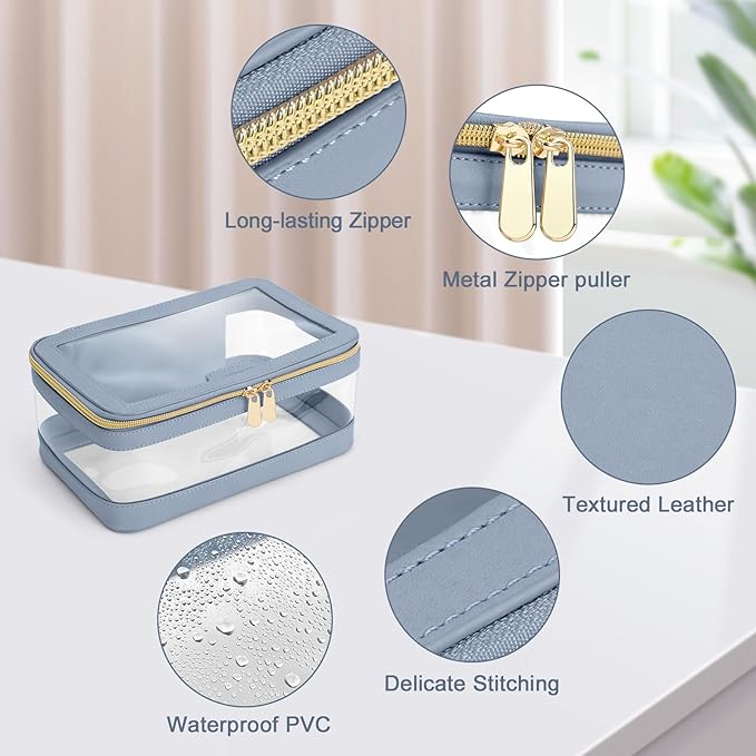 Travel Clear Makeup Bag with Makeup Brush Bag, Leather Makeup Case Toiletry Bag, Portable Cosmetic Bag Case, Transparent Waterproof Cosmetic Organizer Storage Bag for Women, Blue