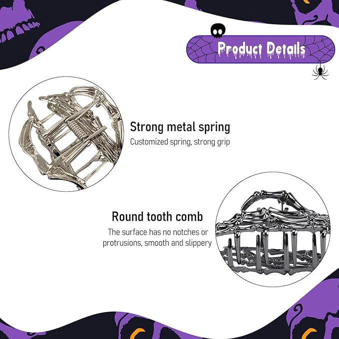 2 Pcs Halloween Hair Clips Black Sliver Skeleton Hand Hair Claw Clips Metal Non Slip Hair Claw Gothic Claw Clip Halloween Hair Accessories for Women's Thick or Thin Hairs