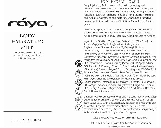 Raya Body Hydrating Milk 16 oz (S-102) | Hydrating, Moisturizing, and Restorative Body Lotion | Rich in Natural Oils, Butters, and Vitamins | Calms and Softens