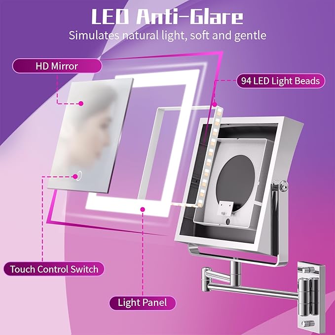 Wall Mounted Makeup Mirror with Lights 4000mAh Rechargeable Double Sided 1X/10X Magnifying Lighted Vanity Mirror with 3 Color Lights & Touch Dimmable 360° Rotation Extension Swing Arm for Bathroom