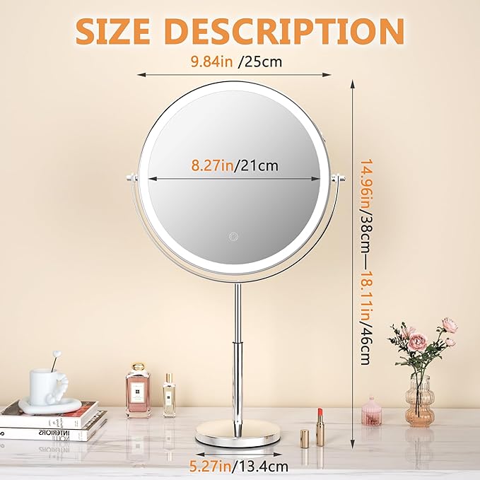 Hasipu 10" Lighted Makeup Mirror with 7X Magnification, Rechargeable Vanity Mirror with Lights, 3 Color Modes, Adjustable Height & 360° Rotation