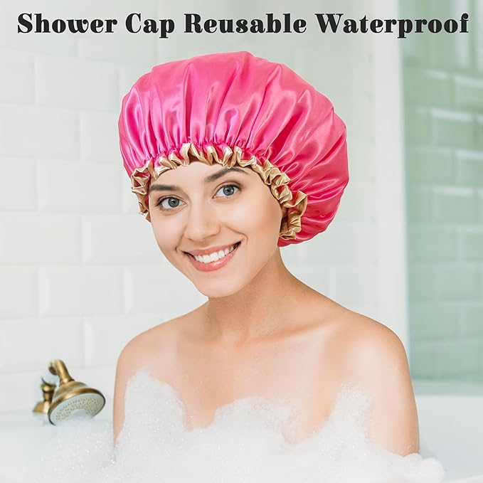 Shower Cap Reusable Waterproof, Large Shower Cap for Women, Shower Caps for Braids Long Hair, Double Layer Satin Plastic Hair Cap for Shower
