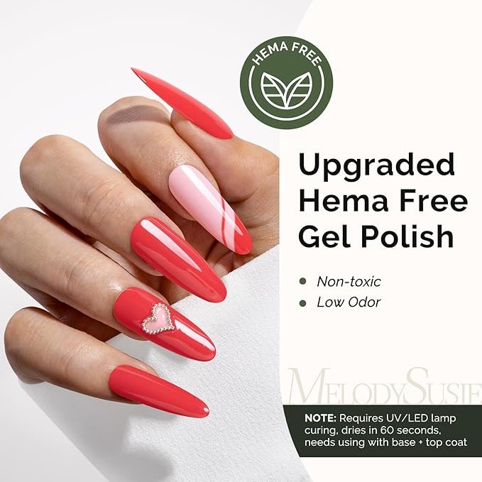 MelodySusie Hema Free Gel Nail Polish, 0.5 Fl Oz Thick Bright Coral Red Gel Polish, Non-Toxic, Long Lasting, Soak Off UV Nail Polish, Manicure Nail Design Salon DIY Nail Art at Home K1275