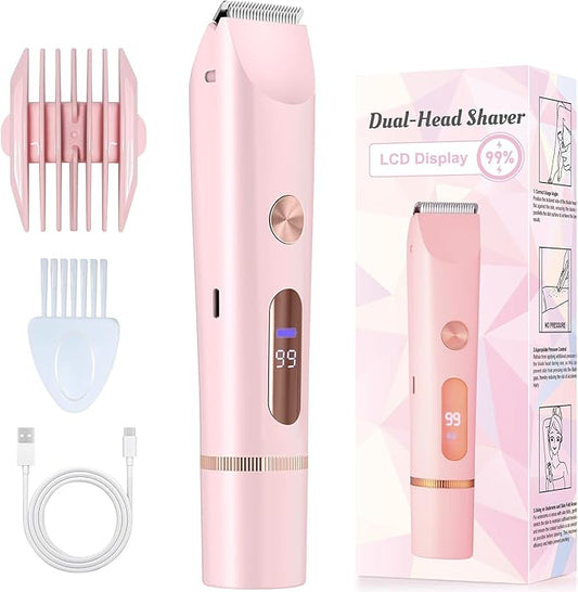 2025 Upgraded Bikini Trimmer for Women, Glow Aura Womens Shaver 2 in 1 with LCD Display, Dual Head Electric Shaver, Waterproof Wet/Dry Body Hair Trimmer for Face, Body & Intimate Areas (Pink)