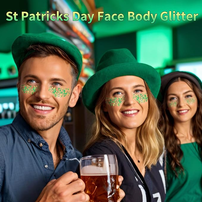 St Patricks Day Accessories Green Face Glitter Gel,Gold Hair Glitter Green St Patrick's Day Outfit for Women,Mardi Gras Carnival Face Paint Body Glitter Sparkling Festival Chunky Makeup