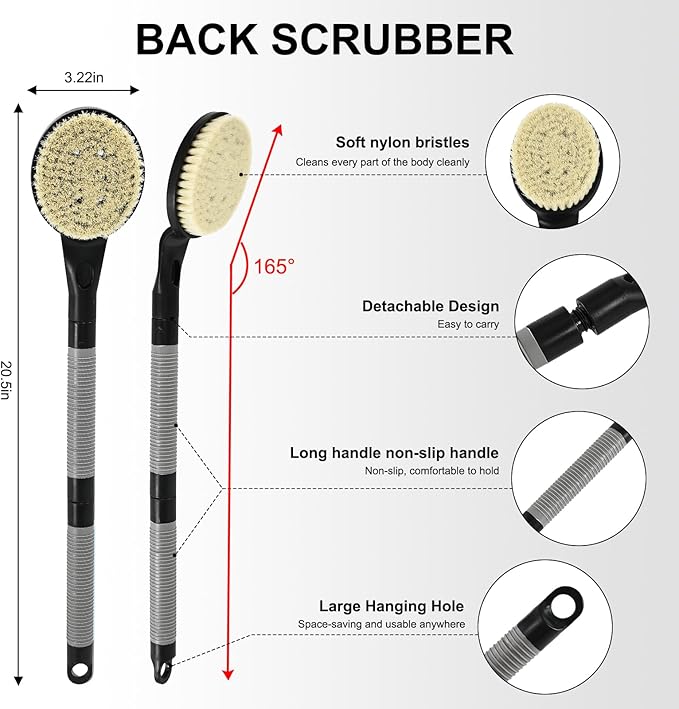 Back Scrubber Anti Slip for Shower, 21.7” Detachable Back Bath Brush for Shower, Back Scrubber, Exfoliation and Improved Skin Health for Elderly with Limited Arm Movement, Disabled (21.7” Black)