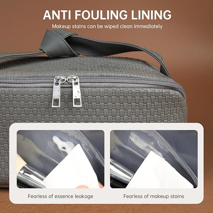 hhhouu Large PU Leather Makeup Bag with Handle, Travel Cosmetic Organizer Case, Waterproof Toiletry Bag, Portable Storage Pouch for Accessories and Brushes, Ideal Gift for Women HO-CB01