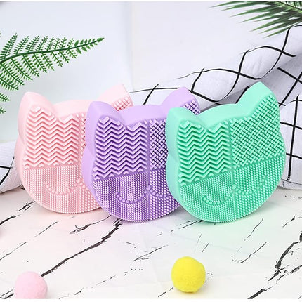 Silicon Makeup Brush Cleaner Mat with Portable Cat Shaped Cosmetic Brush Cleaning Pad Holder - Blue