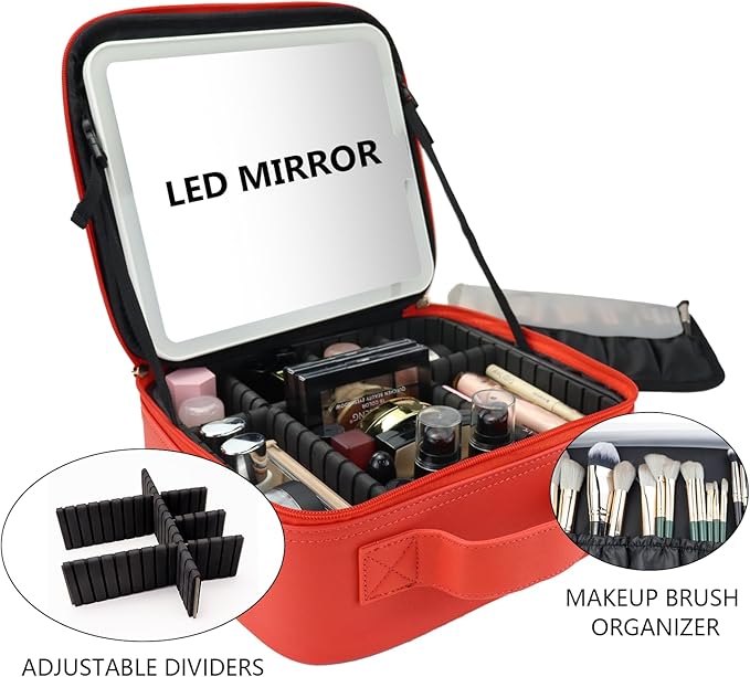 Travel Makeup Bag with LED Mirror Travel Makeup Organizer with 3 Lighted Settings, Adjustable Dividers and Makeup Brush Storage Bag Red