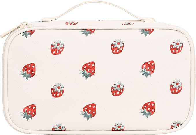 Relavel Makeup Bag, Small Makeup Bag for Women, Travel Cosmetic Bag, 2 Layers Waterproof Makeup Organizer Storage with Makeup Brush Holder, White Straberry
