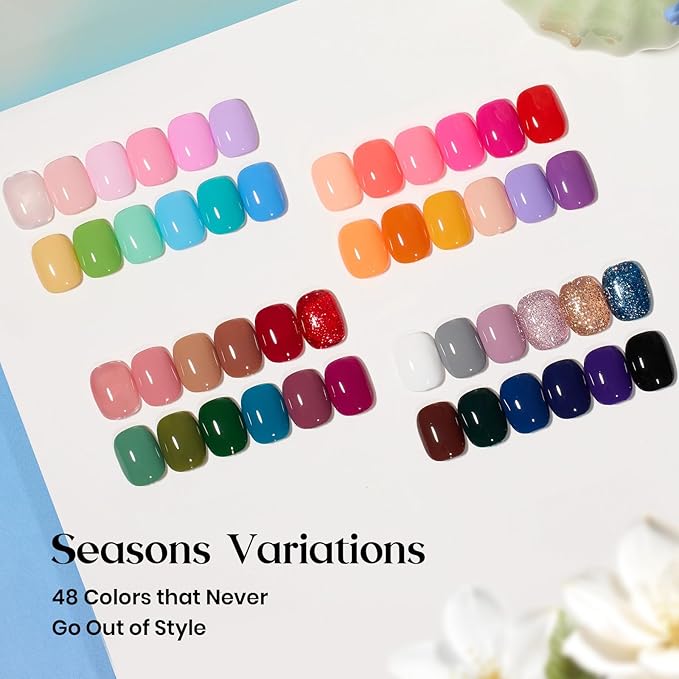 Beetles Gel Nail Polish Set - Seasons Variations 48 Colors Gel Polish Kit Brown Nude Pink Red Blue White Color with Base Top Coat Home DIY Soak Off Nail Art Salon Manicure Starter Kit Gift for Women