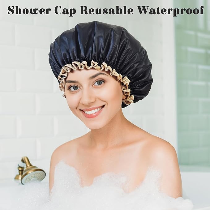 Shower Cap Reusable Waterproof, Large Shower Cap for Women, Shower Caps for Braids Long Hair, Double Layer Satin Plastic Hair Cap for Shower