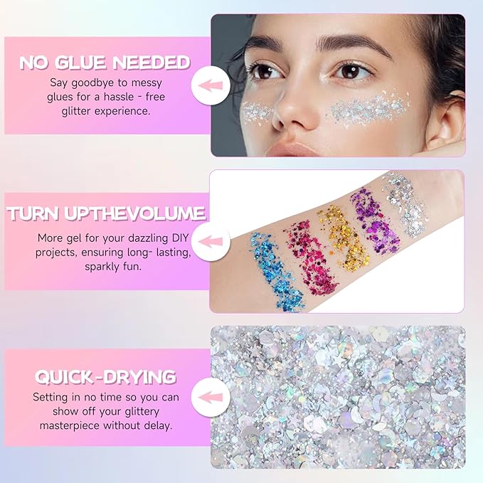 Silver Face Body Glitter Gel,Chunky Hair Glitter for Singer Concerts Silver Face Paint, Makeup Festival Rave Accessories for Women Face Body DIY Sparkling Makeup