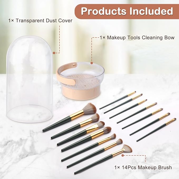 Makeup Brush Cleaner Bowl, 3 in 1 Makeup Brush Cleaner Mat and Dryer, Waterproof Makeup Brush and Sponge Cleaner with Lid (Khaki)