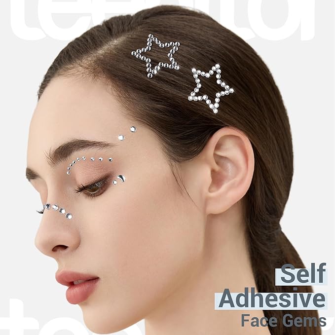 Teenitor Self Adhesive Face Gems, Face Gems Rhinestones Pearl Stickers, Hair Accessories for Girls, Rave Accessories for Women, Face Jewels for Face, Eye, Hair, Body