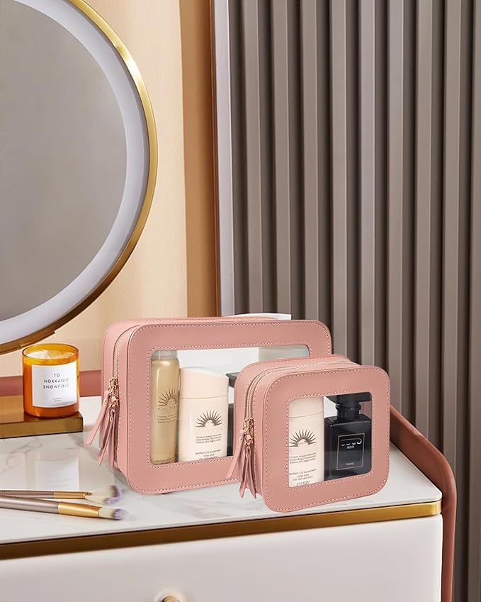 2 Pcs Travel Clear Makeup Bag Set, Clear White Makeup Organizer with Zipper Leather Travel Bags for Toiletries Small Cosmetic Bags for Women Mini Make up Pouch Toiletry Bags Car Essentials