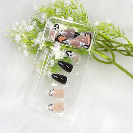 Press on Nails Short Almond Fake Nails with White Flower Stripe Golden Pearl Designs French Tip Nails Press ons Black Nude Glossy Acrylic Nail Winter Stick on Nail for Women 24 Pcs