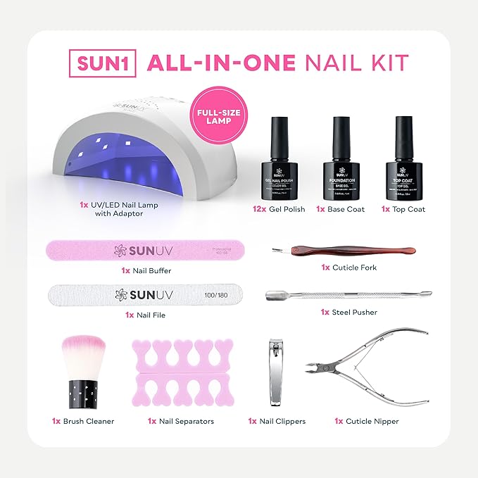 SUNUV Gel Nail Polish Kit with UV Light, Gel Polish Nail Kit Base and Glossy Top Coat Set 12 Colors Manicure Tools Gift for Woman