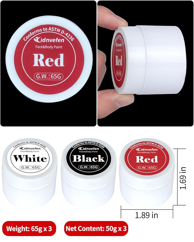 3 Colors Oil Based Face Body Paint Set with 6 Brushes, White Black Red Clown Makeup Kit for Halloween Goth Pennywise Joker Devil Zombie Vampire Skeleton SFX Cosplay Stage, Non Toxic for Kids & Adults