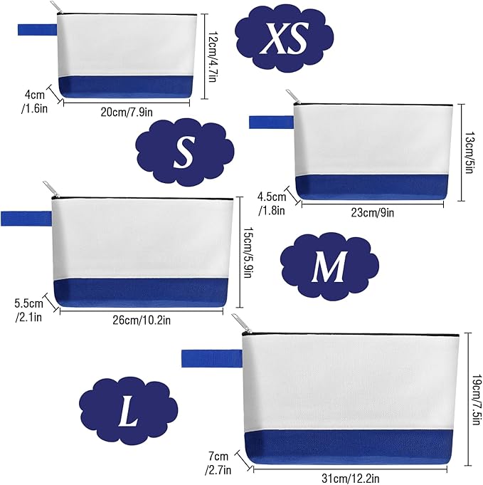 10 Pieces Cotton Canvas Makeup Bag with Bottom and Strap, Multi-Purpose Cosmetic Bag with Zipper Travel Toiletry Pouch, Blank DIY Craft Bag (White&Blue, S)