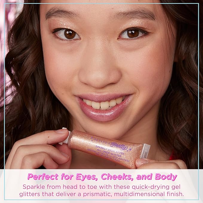 Petite N Pretty Glitter Makeup Set - Shimmering for Eyes, Cheeks, and Body - Glow Up Stick & All-Over Glitter in Pink Sherpa Bag for Kids, Teens, and Tweens (Bronze)