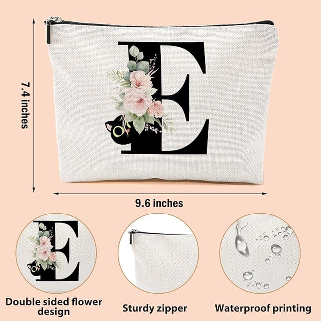 Floral Cat Initial Makeup Bag, Personalized Skin Care Bag, Travel Organizer Toiletry Bags for Women Mom Friends, Cosmetic Bags Makeup Pouch with Zipper, Letter E