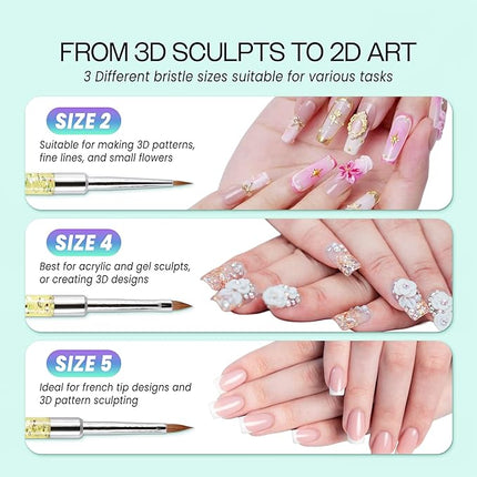 PANA Kolinsky 3D Acrylic Nail Brushes with Liquid Glitter Handle - For Professional Acrylic Powder Liquid Manicure Pedicure (Rainbow Color, Size #4)