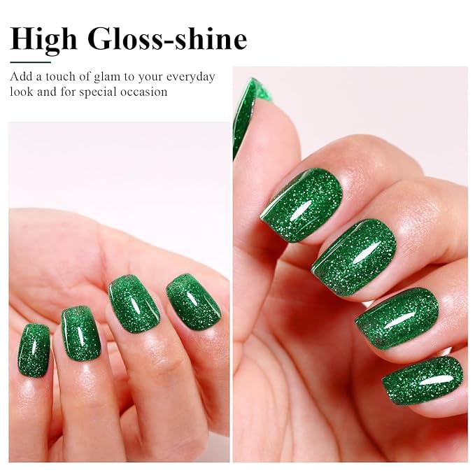 Imtiti Glitter Gel Nail Polish, Green Glitter Gel Polish Soak Off LED U V Shimmer Sparkle Christmas Green Nail Gel Polish Fall Winter DIY Nail Art Starter Manicure Salon 10ML
