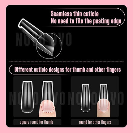 NOVO OVO Long Square Nail Tips NATURAL (Not SCULPTED) for Flat Nail Beds, Extra Thick L Length False Nails Press on, Full Cover Soft Gel Fake Nail Extension, Salon DIY x 15 Sizes 450 pcs
