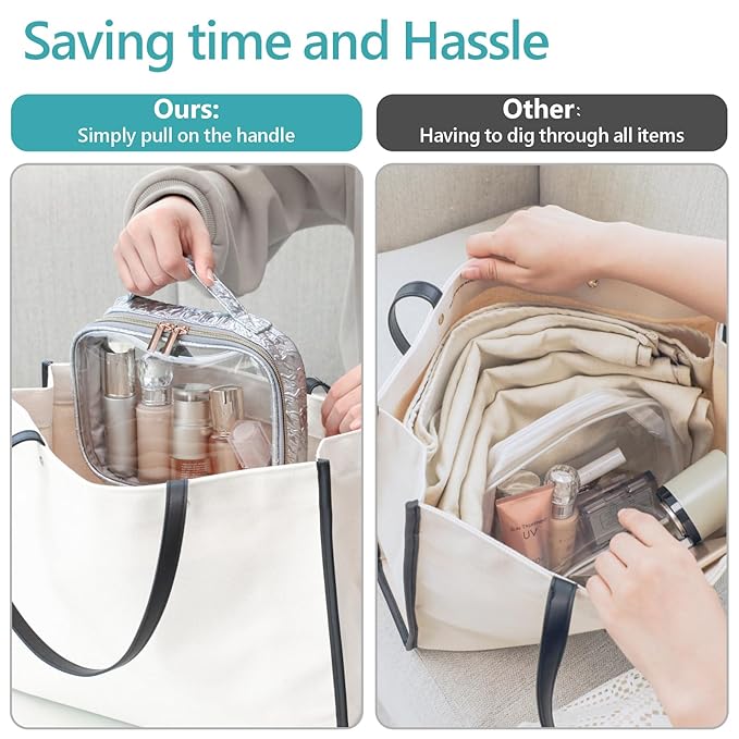 PACKISM TSA Approved Toiletry Bag - 3 Pack Ruched Textured Clear Makeup Bag, Metallic Silver, with 180° Large Opening and Supporting Frame, Perfect for Travel Essentials, Thick No Smell