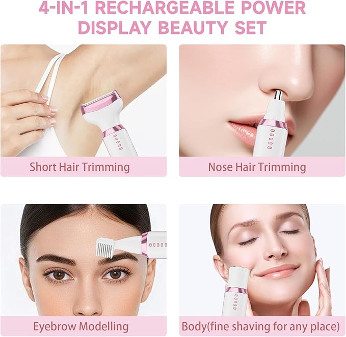 Electric Razors for Women, Bikini Trimmer 4 in 1 Lady Shaver, Wet/Dry Cordless Hair Remover for Nose Hair Face Eyebrow Arms Legs Armpit Underarm Pubic Area Electric Grooming Set LED Display