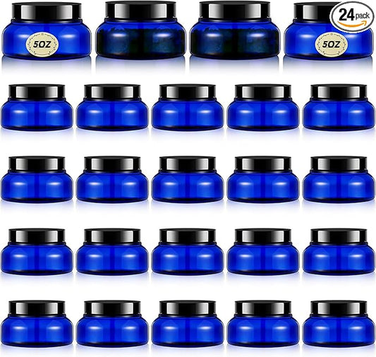 Tessco 24 Pack Plastic Jars with Lids Labels Empty Clear Plastic Jars Round Refillable Cosmetic Containers Body Butter Containers Bulk Sugar Scrub Bottle for Make Up(5 oz,Blue, Black)