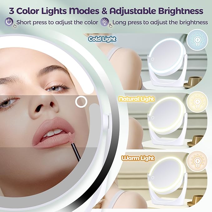 30X/1X Magnifying Mirror with Light, Makeup Mirror with Lights, Double Sided Magnifying Mirrors with Magnification, Portable Lighted Desk Mirrors with Storage, 3 Color Lights 360°Rotation