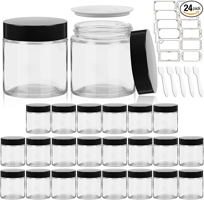 4 oz Clear Round Glass Jars with Black Lids 24 Pack- Portable Empty Glass Containers with Inner Liners for Cosmetic, Food Storage, Body Butters, Body Butter, Candle Jars