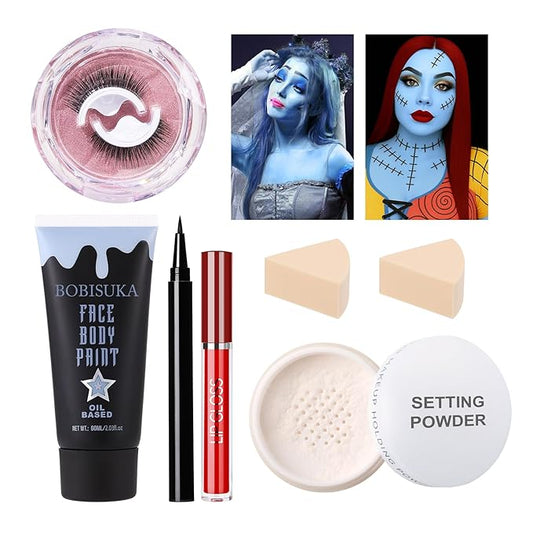 6 PCS Halloween Sally Makeup Set - Includes Light Blue Face Body Paint(60ml), Black Eyeliner, False Eyelashes, Red Lipstick - Oil-Based SFX Face Painting Kit for Costume, Cosplay, Dress-Up Party
