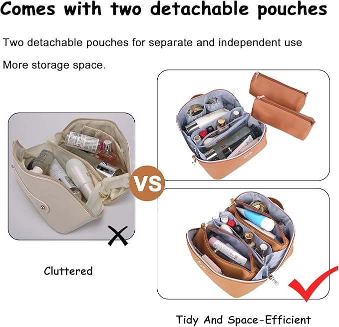 BOYATU Travel Makeup Bags for Women: Vegan Leather Cosmetic Bag Set of 3 - Large Capacity Make up Bag with Divider - Wide Open Waterproof Toiletry Organizer Bag with Handle (05-Brown)