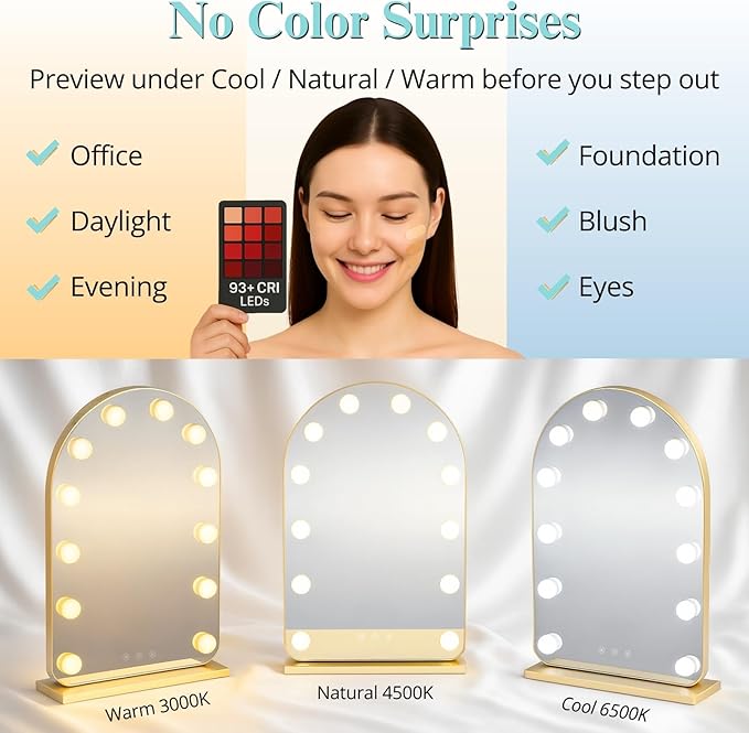 LUXFURNI Vanity Mirror with Lights, 20.5" L x 13" W Arched LED Makeup Mirror, Lighted Makeup Mirror with Lights, Smart Touch Control Dimmable 3 Modes Light, Gold