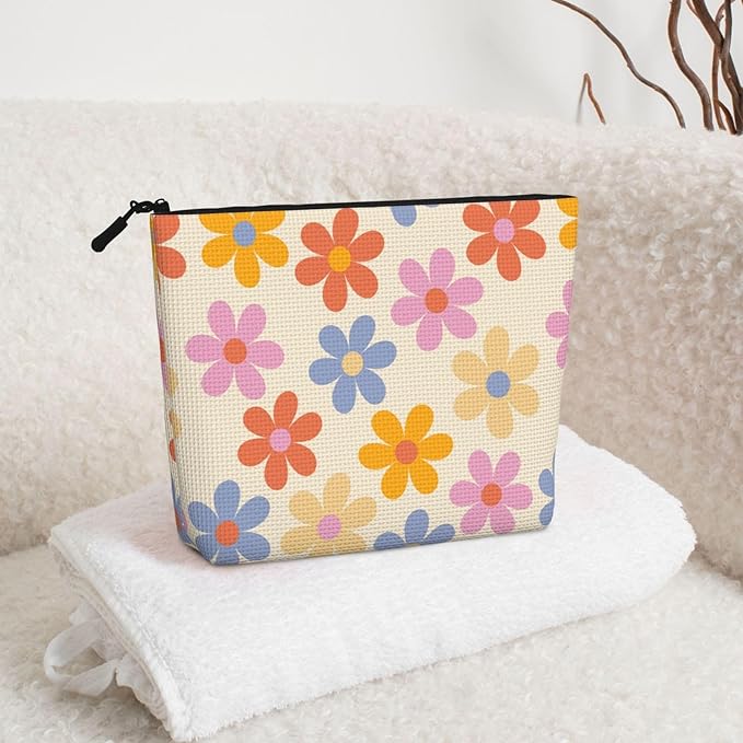 MOLAIGIN Vintage Flower Colorful Daisy Cosmetic Bag For Women, Travel Makeup Bag, Toiletry Zipper Bag, Large Capacity Aesthetic Cases