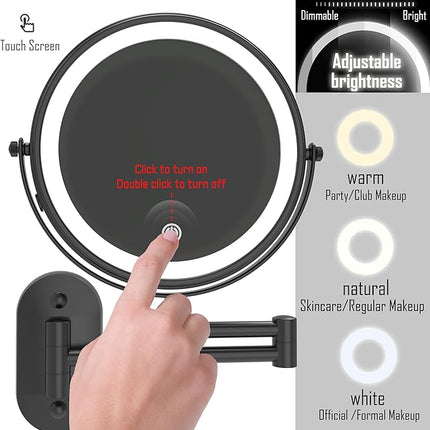 Ruacq Rechargeable Makeup Mirror Matte Black Double Sided Vanity Mirror with Lights Round 1x/10x Magnification 8 Inch Led Magnifying Mirror Stainless Steel and Zinc Alloy Modern Wall Mounted