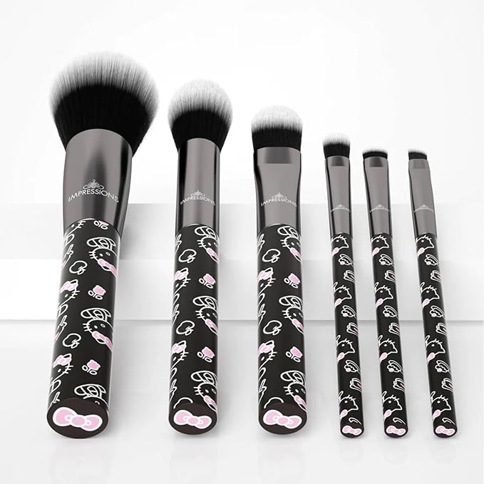 Impressions Vanity Hello Kitty The Favorites 6 PCs Makeup Brush Set, Hello Kitty Signature Bow Super Soft Brushes for Foundation, Face Powder, Blending, Eye shadow, and Liner Application (Black)