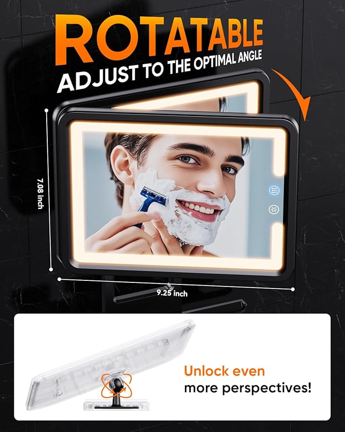 Heated Shower Mirror Fogless for Shaving 2025 New, 3 Colors Stepless Dimmable Lights Anti Fog Shower Mirror, Fog Free Mirror for Shaving with Razor Holder for Men, NO-Drilling, Removable - Black