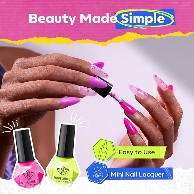 modelones Nail Polish, 6 Colors Summer Neon Blue Green Purple Rose Orange Yellow Quick Dry Mini Starter Kit, Long Lasting Art DIY Manicure Set at Home for Women Girls