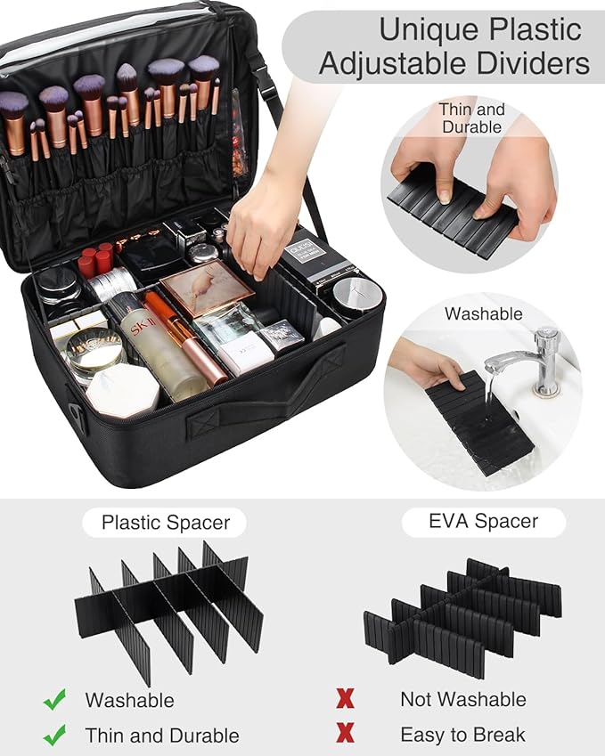 Relavel Extra Large Makeup Case with Plastic Dividers Washable and Easy to Clean, Travel Makeup Train Case Professional Makeup Artist Bag Portable Nail Organizer Box Art Supply Case (Black)