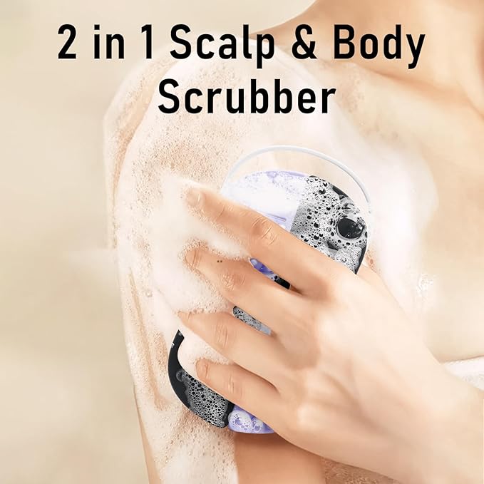 2 in 1 Silicone Body Hair Scrubber Upgraded Bristles Exfoliator Massage Shower Bathing Bath Women Brush Scrubbers for All Skin Body Wash (1pc Black+Purple)