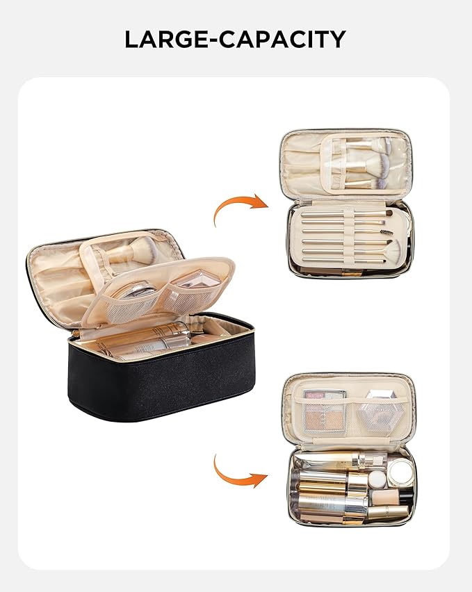 Makeup Bag for Women Small Travel Makeup Bag Organizer Portable Toiletry Bag Cute Makeup Bags Waterproof Leather Cosmetic Bag Makeup Case with Handle, Black