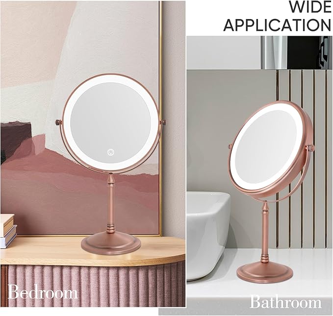 Nicesail Desk Mirror with Light 1X/10X Magnifying with 3 Color Dimmable Lights Desk Mirror, Cordless 360 Rotation 4000mAh Rechargeable, Double Sided Mirror for Desk, 8 Inch Standing Brushed Rose Gold
