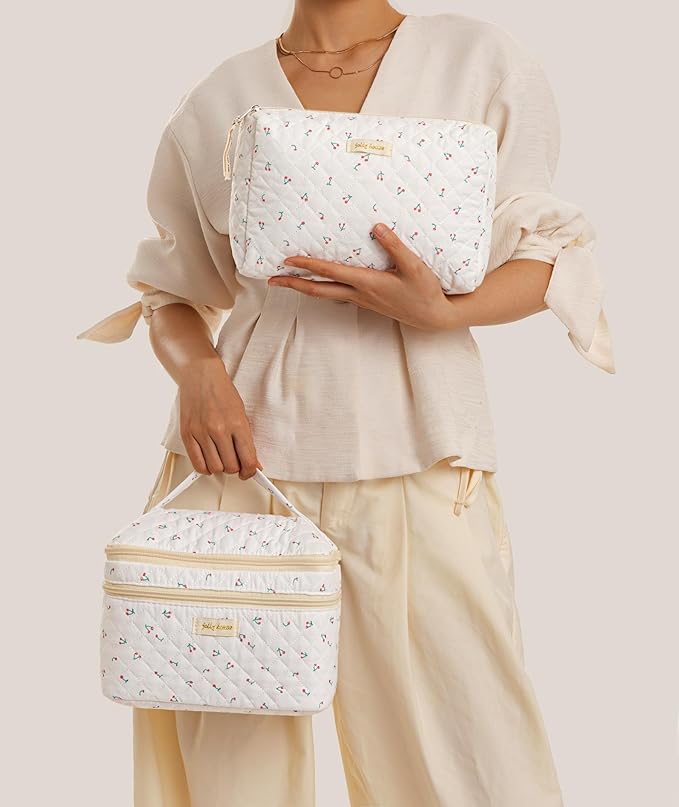 HBselect 2Pcs Travel Makeup Bag, Large Cotton Quilted Makeup Bag Cosmetic Bag Cute Make up Bag Toiletry Bags for Women Girls